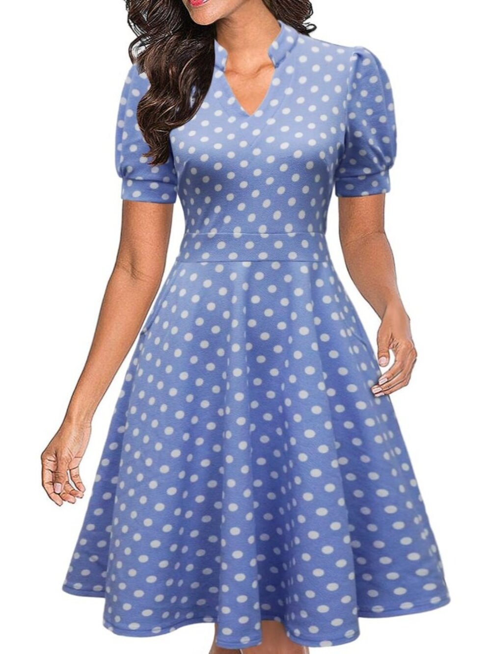 Women's Blue Polka Dot Fit & Flare Midi Dress Puff Sleeve with Pockets